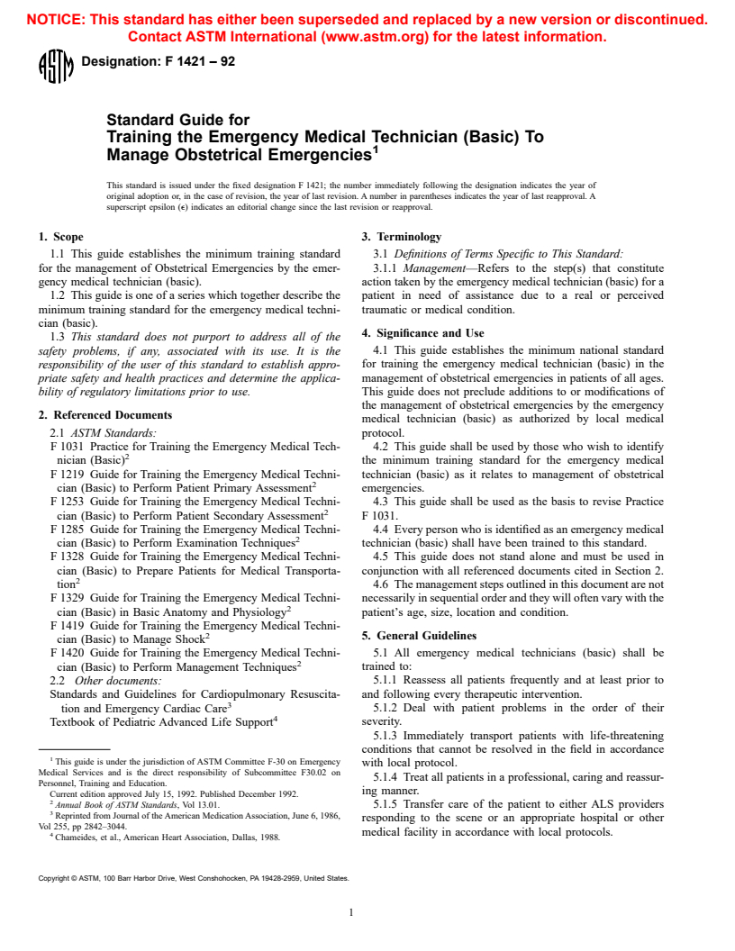 ASTM F1421-92 - Standard Guide for Training the Emergency Medical Technician (Basic) To Manage Obstetrical Emergencies