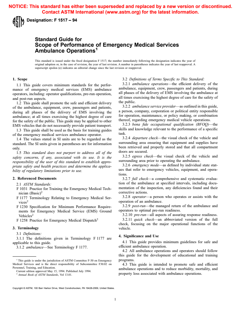 ASTM F1517-94 - Standard Guide for Scope of Performance of Emergency Medical Services Ambulance Operations