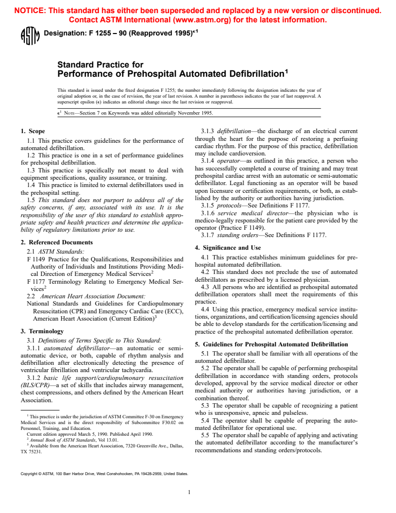 ASTM F1255-90(1995)e1 - Standard Practice for Performance of Prehospital Automated Defibrillation