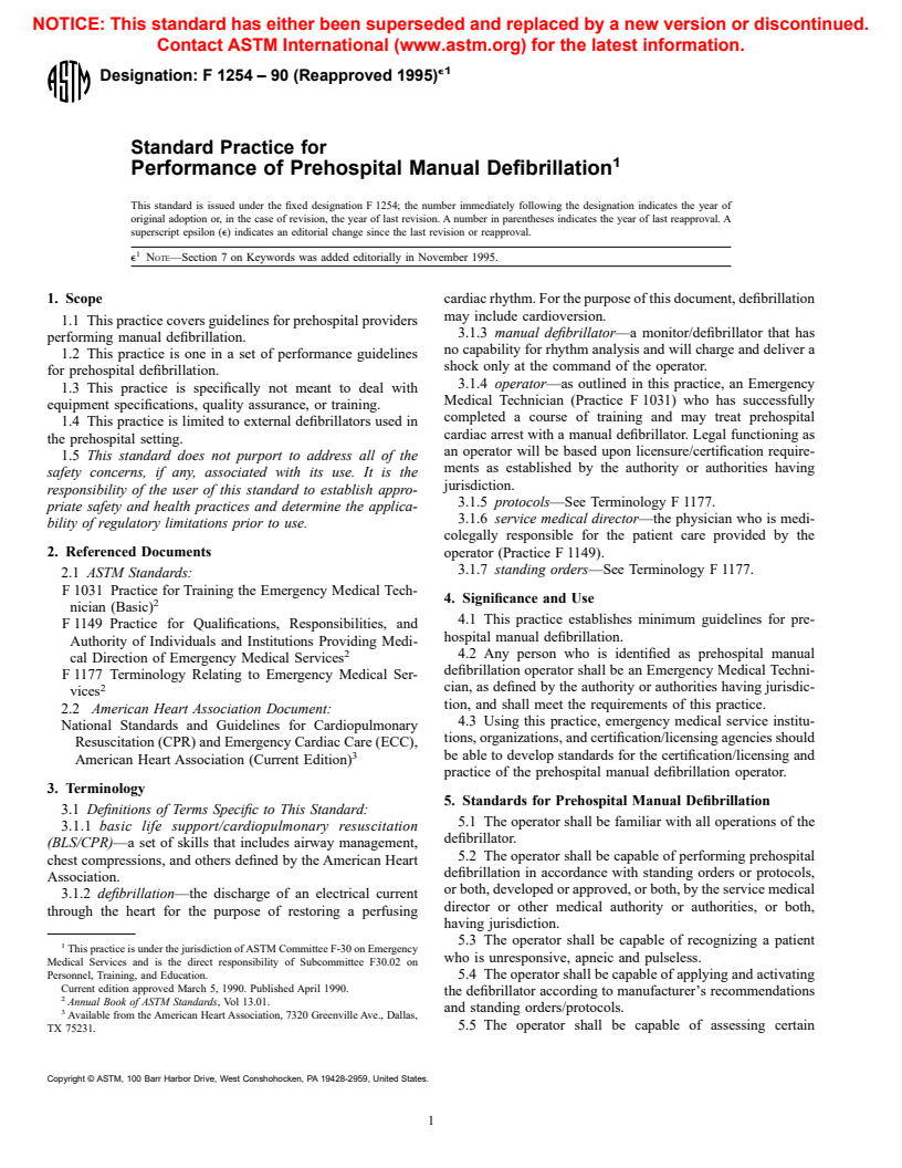 ASTM F1254-90(1995)e1 - Standard Practice for Performance of Prehospital Manual Defibrillation