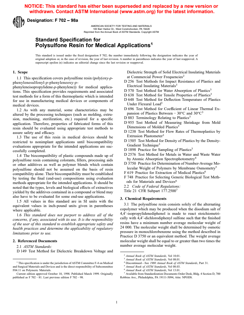 ASTM F702-98a - Standard Specification for Polysulfone Resin for Medical Applications