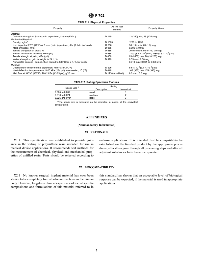 ASTM F702-98a - Standard Specification for Polysulfone Resin for Medical Applications