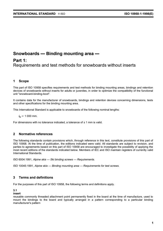 ISO 10958-1:1998 - Snowboards -- Binding mounting area