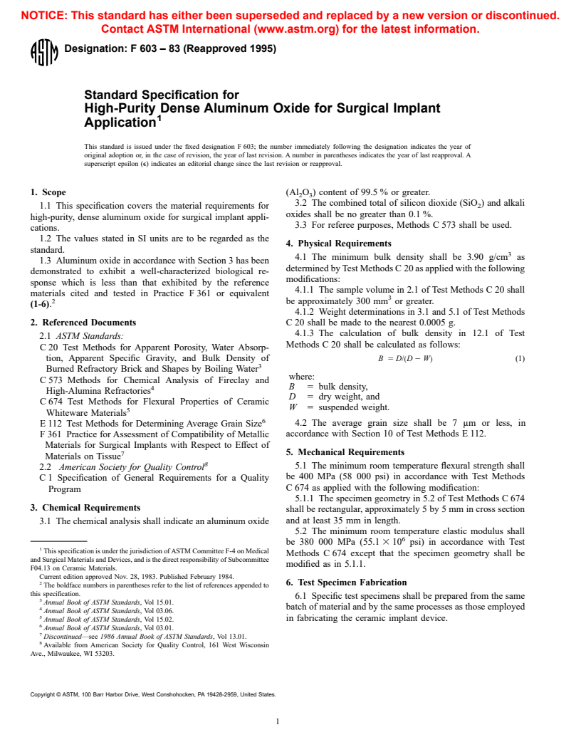 ASTM F603-83(1995) - Standard Specification for High-Purity Dense Aluminum Oxide for Surgical Implant Application