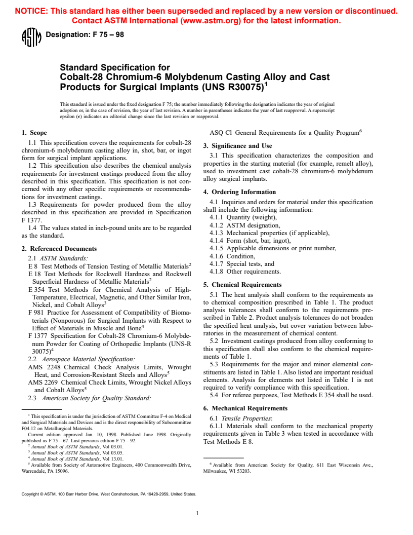 ASTM F75-98 - Standard Specification for Cobalt-28 Chromium-6 Molybdenum Alloy Castings and Casting Alloy for Surgical Implants (UNS R30075)