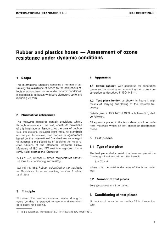 ISO 10960:1994 - Rubber and plastics hoses -- Assessment of ozone resistance under dynamic conditions