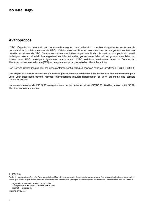 ISO 10965:1998 ISO 10965:1998 - Revetements de sol textiles -- Détermination de la résistance électrique - Page 2 preview