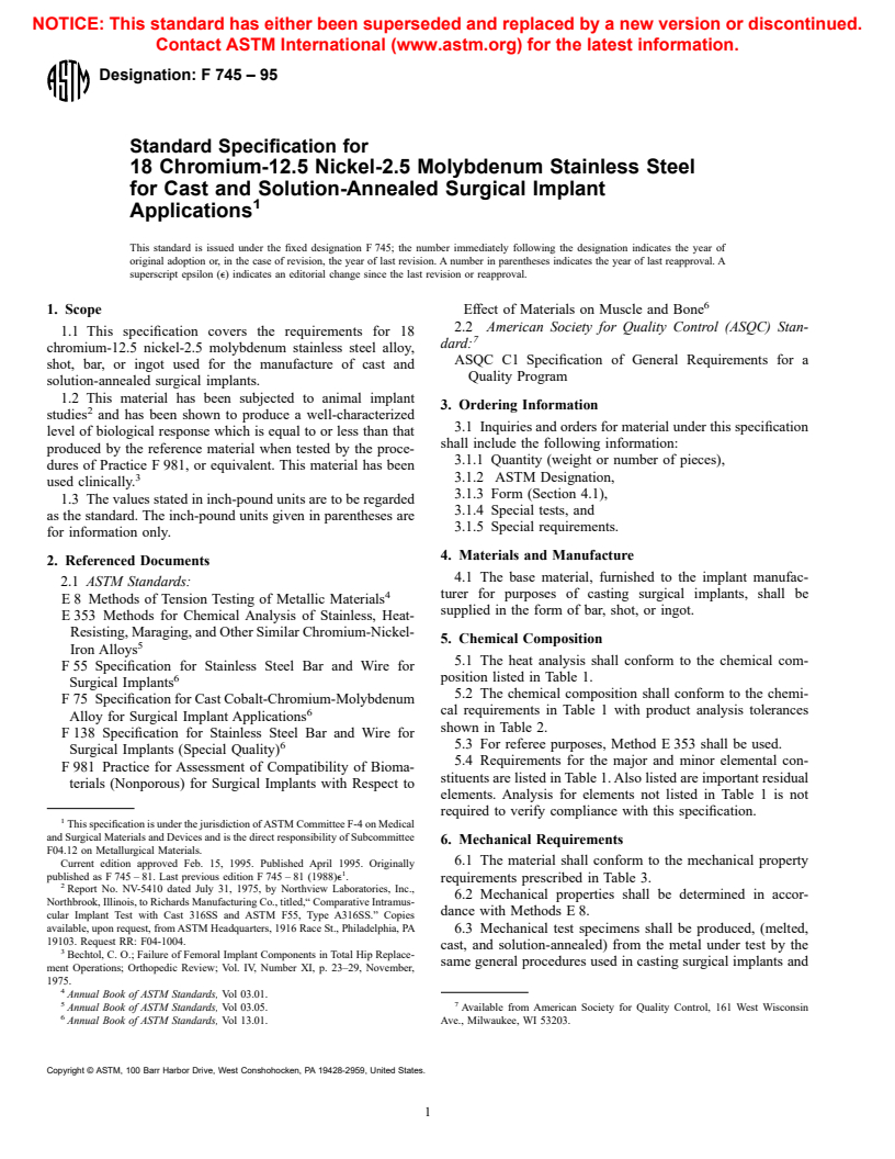 ASTM F745-95 - Standard Specification for 18 Chromium-12.5 Nickel-2.5 Molybdenum Stainless Steel for Cast and Solution-Annealed Surgical Implant Applications