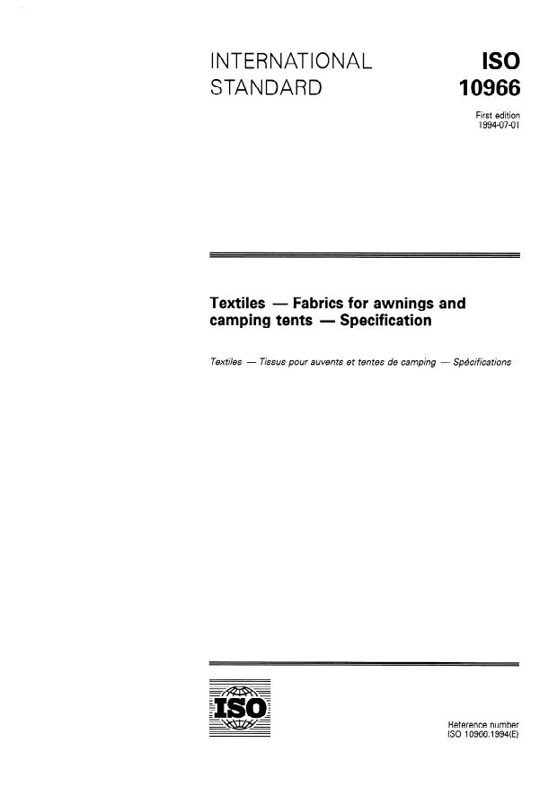 ISO 10966:1994 - Textiles -- Fabrics for awnings and camping tents -- Specification
