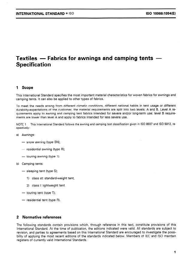 ISO 10966:1994 - Textiles -- Fabrics for awnings and camping tents -- Specification