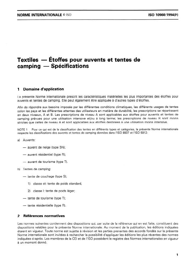 ISO 10966:1994 - Textiles -- Tissus pour auvents et tentes de camping -- Spécifications
