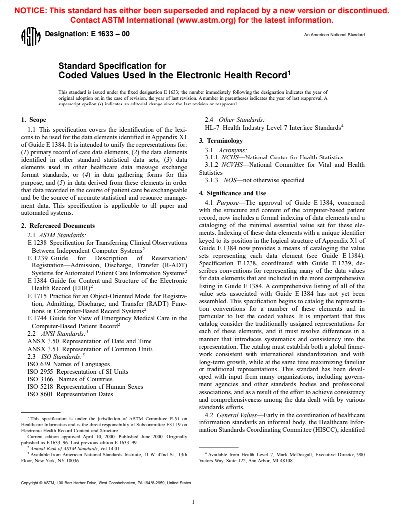 ASTM E1633-00 - Standard Specification for Coded Values Used in the Electronic Health Record