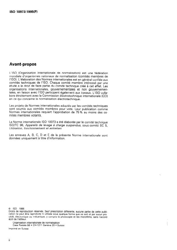 ISO 10973:1995 ISO 10973:1995 - Appareils de levage a charge suspendue -- Manuel de pieces de rechange - Page 2 preview