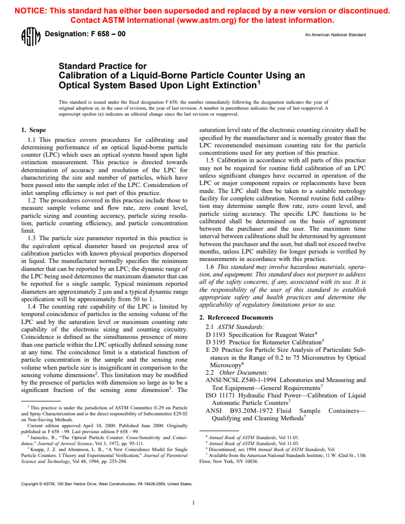 ASTM F658-00 - Standard Practice for Calibration of a Liquid-Borne Particle Counter Using an Optical System Based Upon Light Extinction