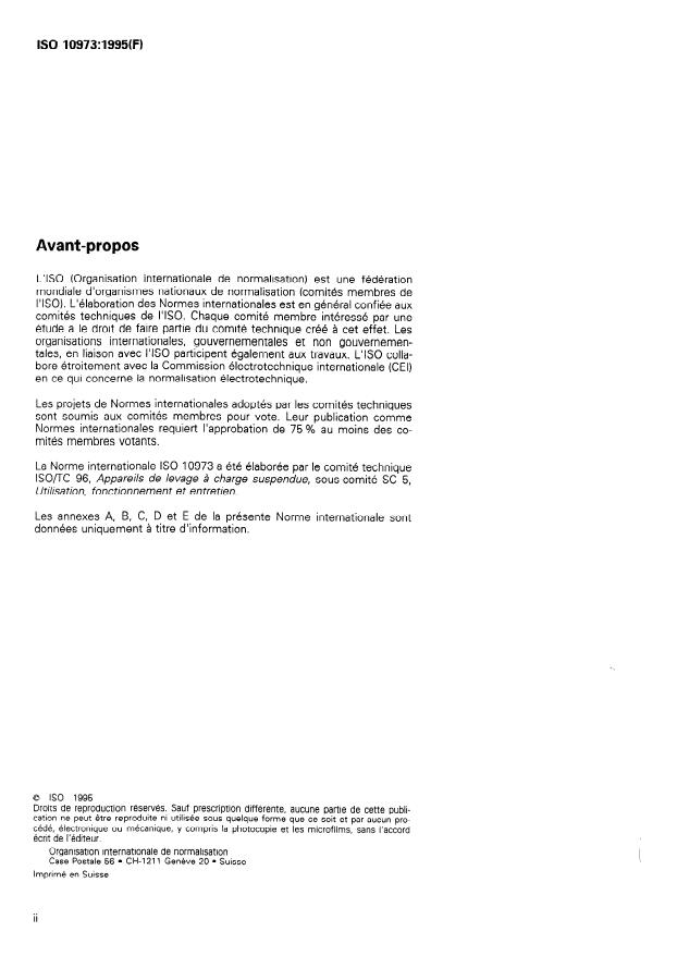 ISO 10973:1995 ISO 10973:1995 - Appareils de levage a charge suspendue -- Manuel de pieces de rechange - Page 2 preview