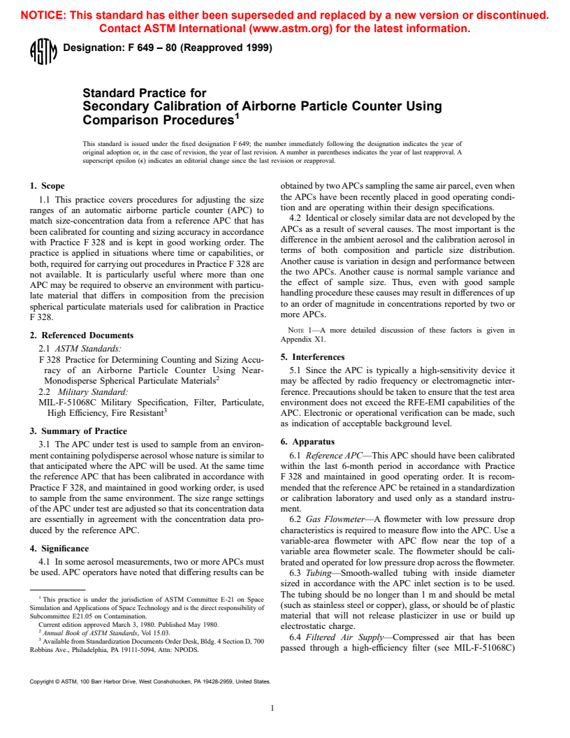 ASTM F649-80(1999) - Standard Practice for Secondary Calibration of Airborne Particle Counter Using Comparison Procedures