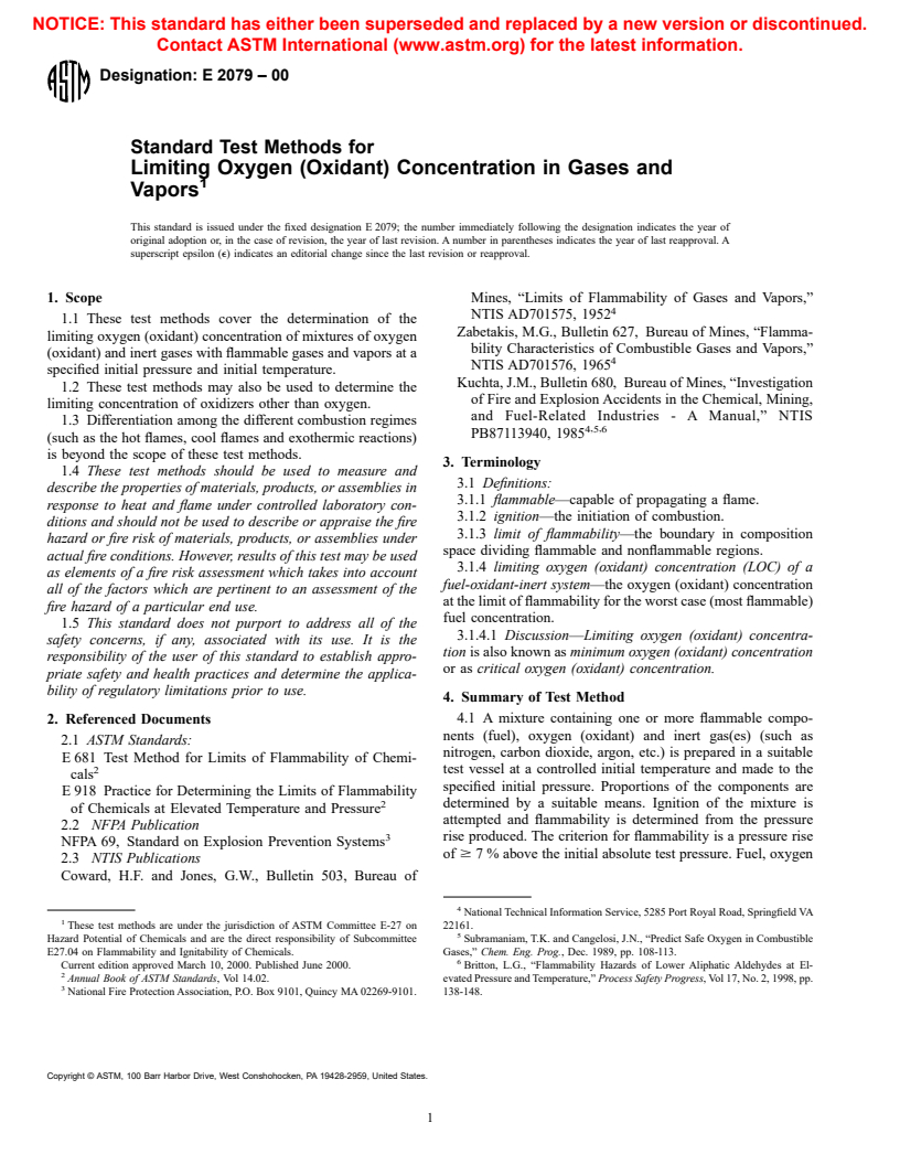 ASTM E2079-00 - Standard Test Methods for Limiting Oxygen (Oxidant) Concentration in Gases and Vapors