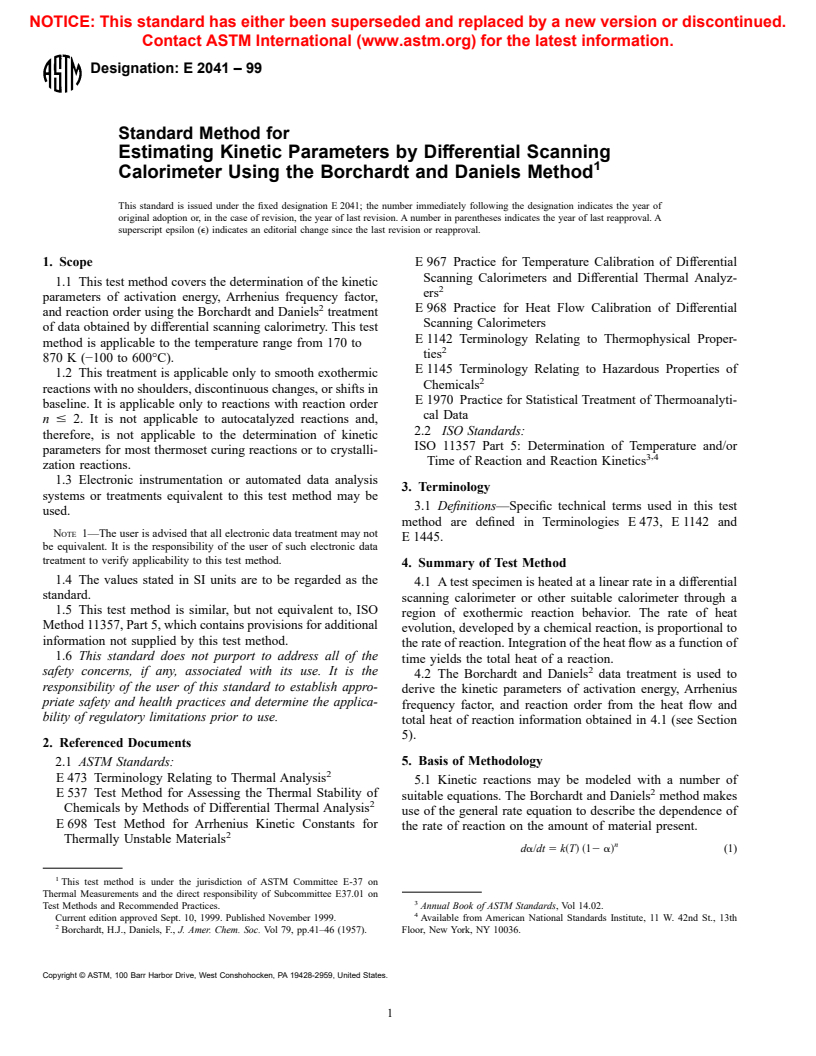 ASTM E2041-99 - Standard Method for Estimating Kinetic Parameters by Differential Scanning Calorimeter Using the Borchardt and Daniels Method