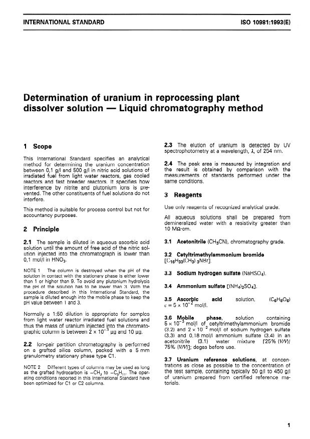 ISO 10981:1993 - Determination of uranium in reprocessing plants dissolver solution -- Liquid chromatography method