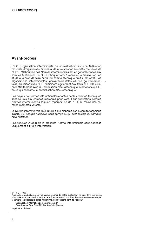 ISO 10981:1993 ISO 10981:1993 - Dosage de l'uranium dans les solutions de dissolution des usines de retraitement -- Méthode par chromatographie en phase liquide - Page 2 preview
