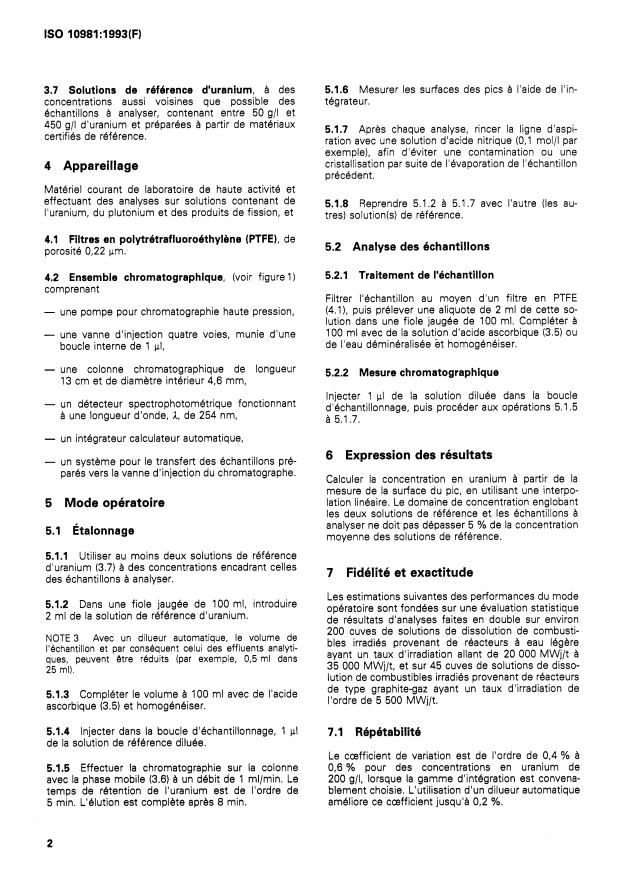 ISO 10981:1993 ISO 10981:1993 - Dosage de l'uranium dans les solutions de dissolution des usines de retraitement -- Méthode par chromatographie en phase liquide - Page 4 preview