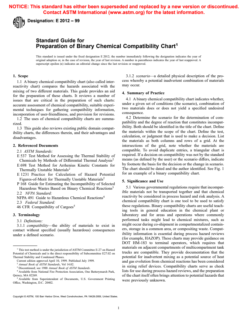 ASTM E2012-99 - Standard Guide for Preparation of Binary Chemical Compatibility Chart