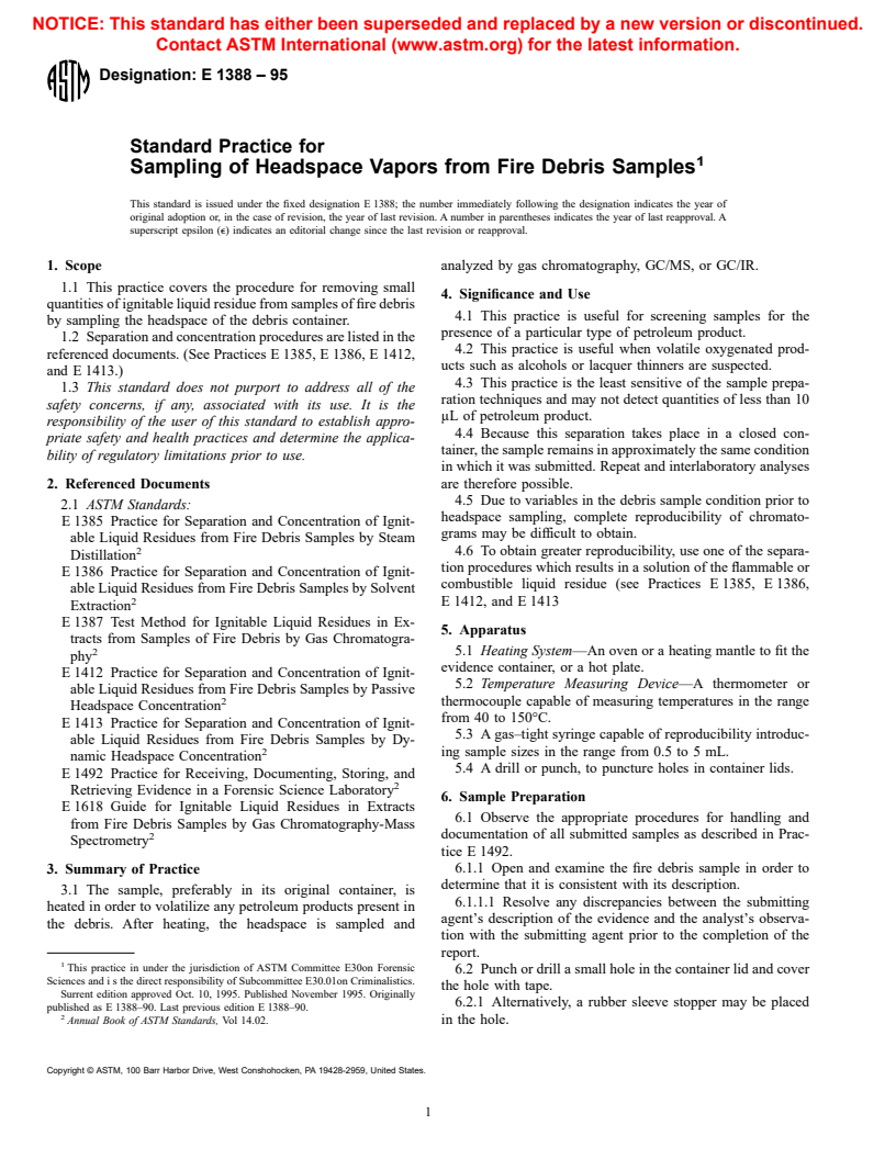 ASTM E1388-95 - Standard Practice for Sampling of Headspace Vapors from Fire Debris Samples