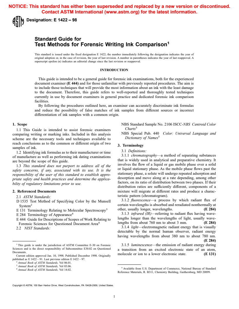 ASTM E1422-98 - Standard Guide for Test Methods for Forensic Writing Ink Comparison