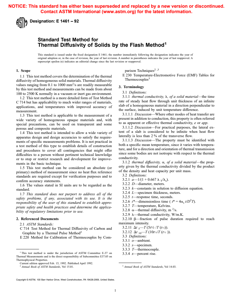 ASTM E1461-92 - Standard Test Method for Thermal Diffusivity of Solids by the Flash Method