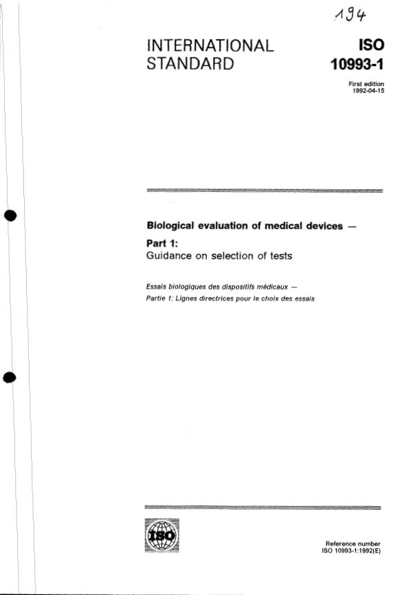 ISO 10993-1:1992 - Évaluation biologique des dispositifs médicaux