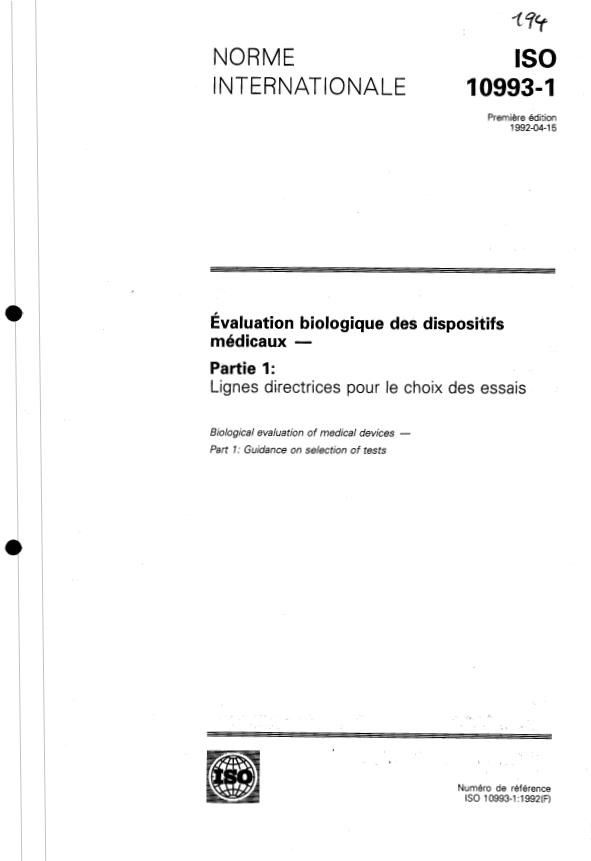 ISO 10993-1:1992 - Biological evaluation of medical devices