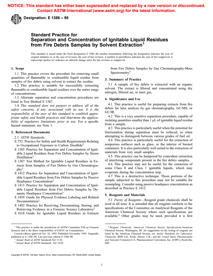 ASTM E1386-95 - Standard Practice for Separation and Concentration of Ignitable Liquid Residues from Fire Debris Samples by Solvent Extraction