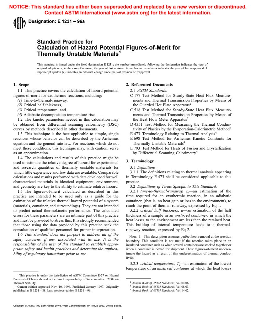 ASTM E1231-96a - Standard Practice for Calculation of Hazard Potential Figures-of-Merit for Thermally Unstable Materials