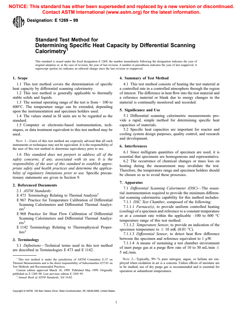 ASTM E1269-99 - Standard Test Method for Determining Specific Heat Capacity by Differential Scanning Calorimetry