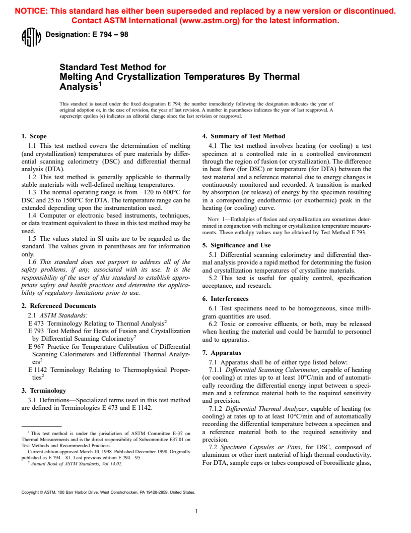 ASTM E794-98 - Standard Test Method for Melting and Crystallization Temperatures by Thermal Analysis