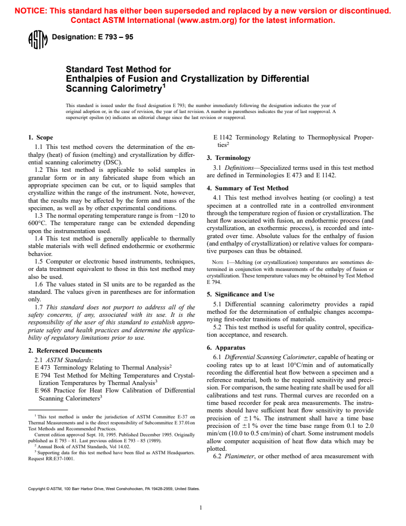 ASTM E793-95 - Standard Test Method for Enthalpies of Fusion and Crystallization by Differential Scanning Calorimetry