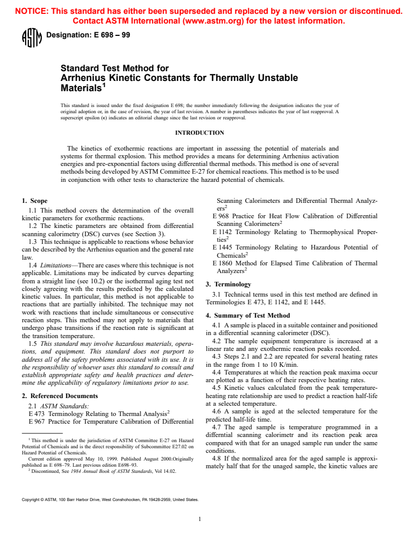 ASTM E698-99 - Standard Test Method for Arrhenius Kinetic Constants for Thermally Unstable Materials