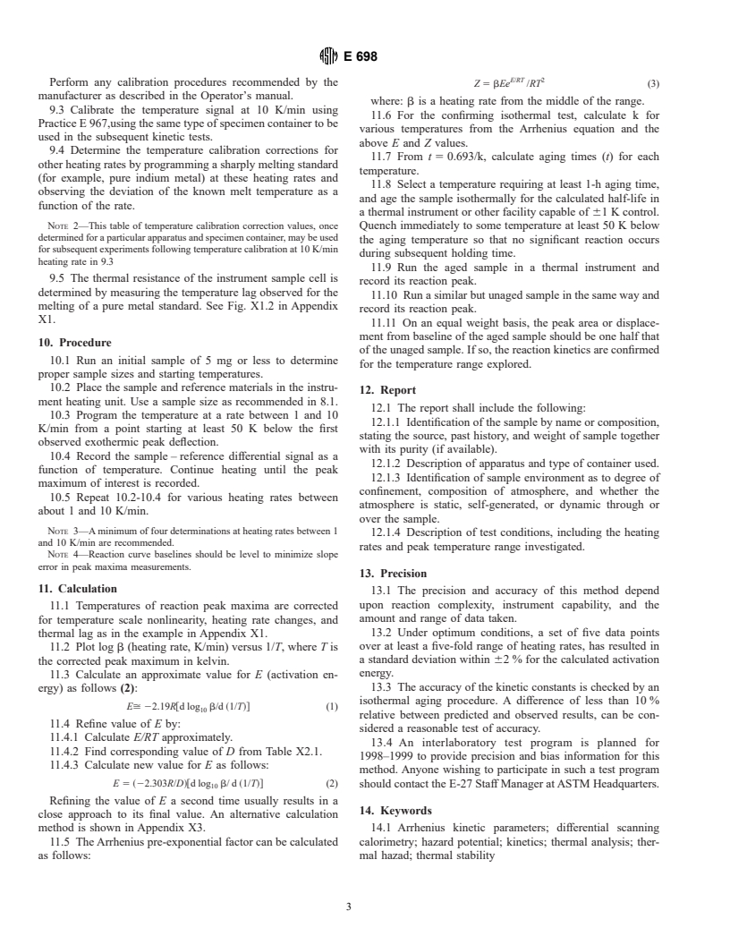 ASTM E698-99 - Standard Test Method for Arrhenius Kinetic Constants for Thermally Unstable Materials