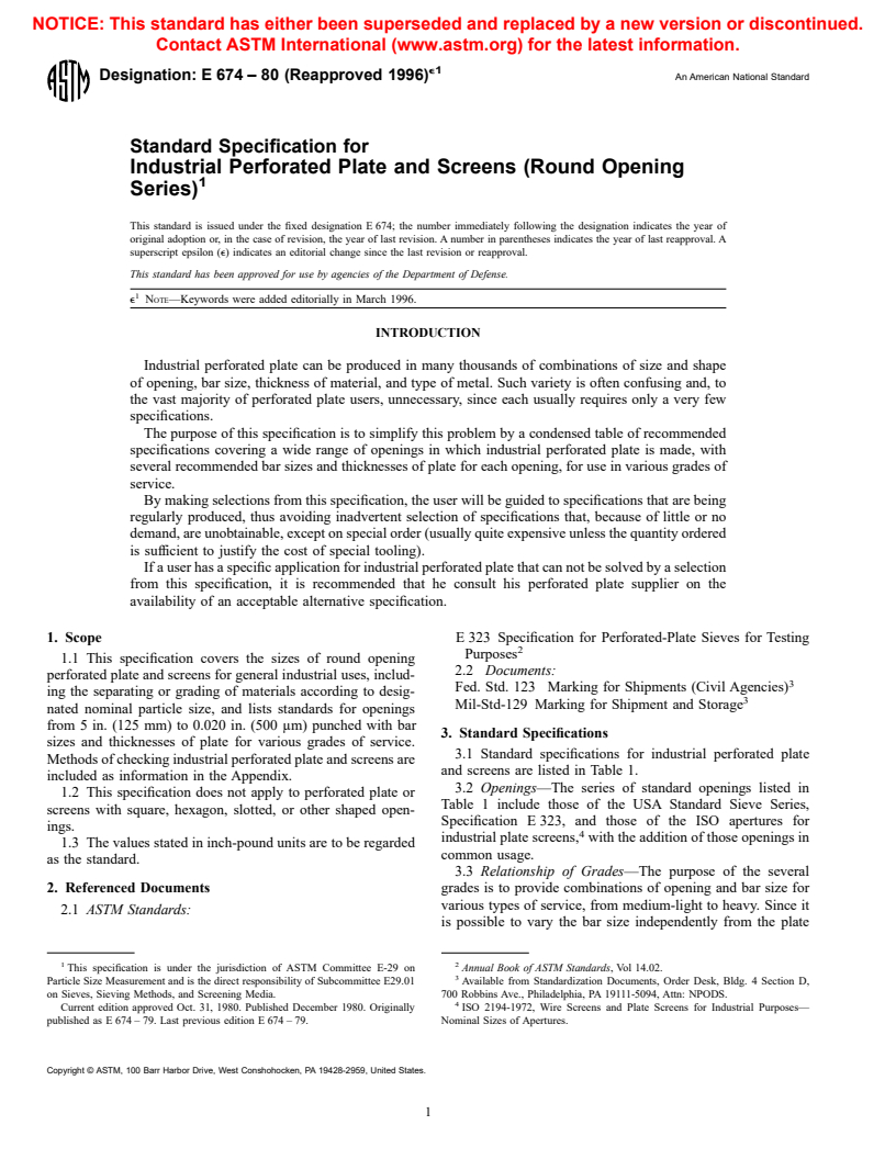 ASTM E674-80(1996)e1 - Standard Specification for Industrial Perforated Plate and Screens (Round Opening Series)