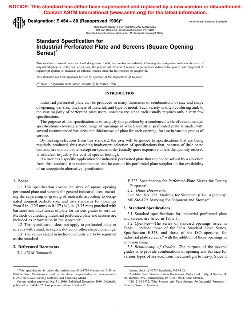 ASTM E454-80(1996)e1 - Standard Specification for Industrial Perforated Plate and Screens (Square Opening Series)