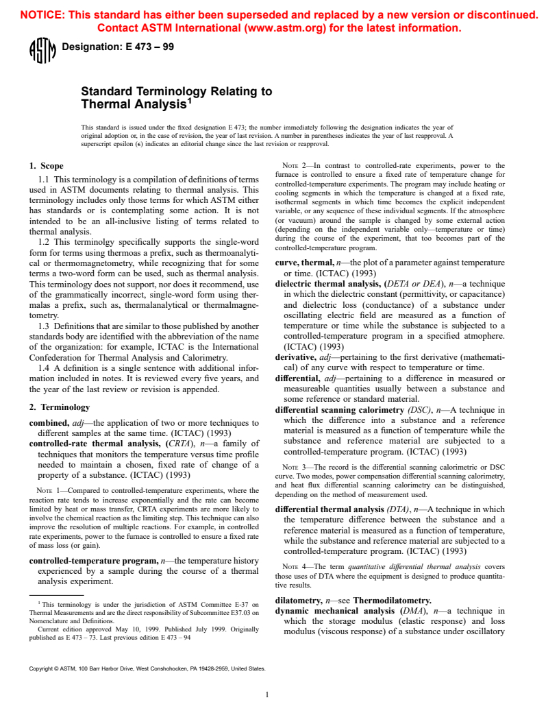 ASTM E473-99 - Standard Terminology Relating to Thermal Analysis