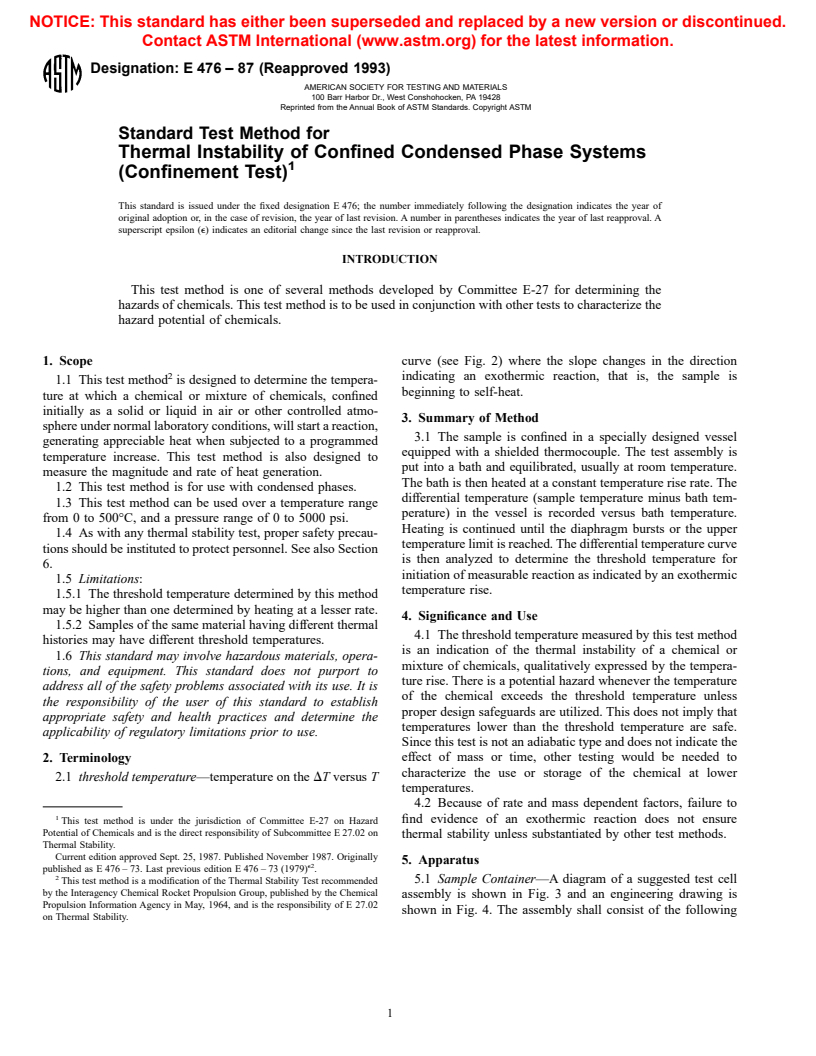 ASTM E476-87(1993) - Standard Test Method for Thermal Instability of Confined Condensed Phase Systems (Confinement Test)