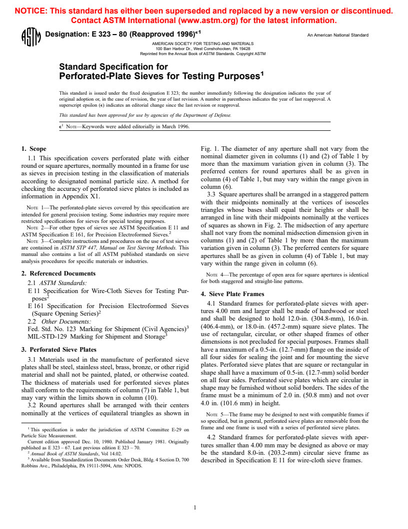 ASTM E323-80(1996)e1 - Standard Specification for Perforated-Plate Sieves for Testing Purposes