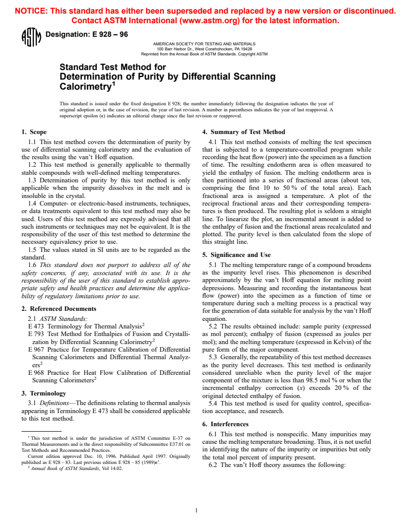 ASTM E928-96 - Standard Test Method for Determination of Purity by Differential Scanning Calorimetry