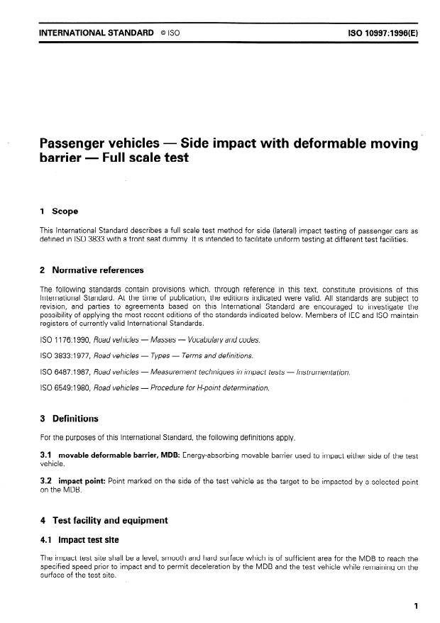 ISO 10997:1996 - Passenger vehicles -- Side impact with deformable moving barrier -- Full scale test