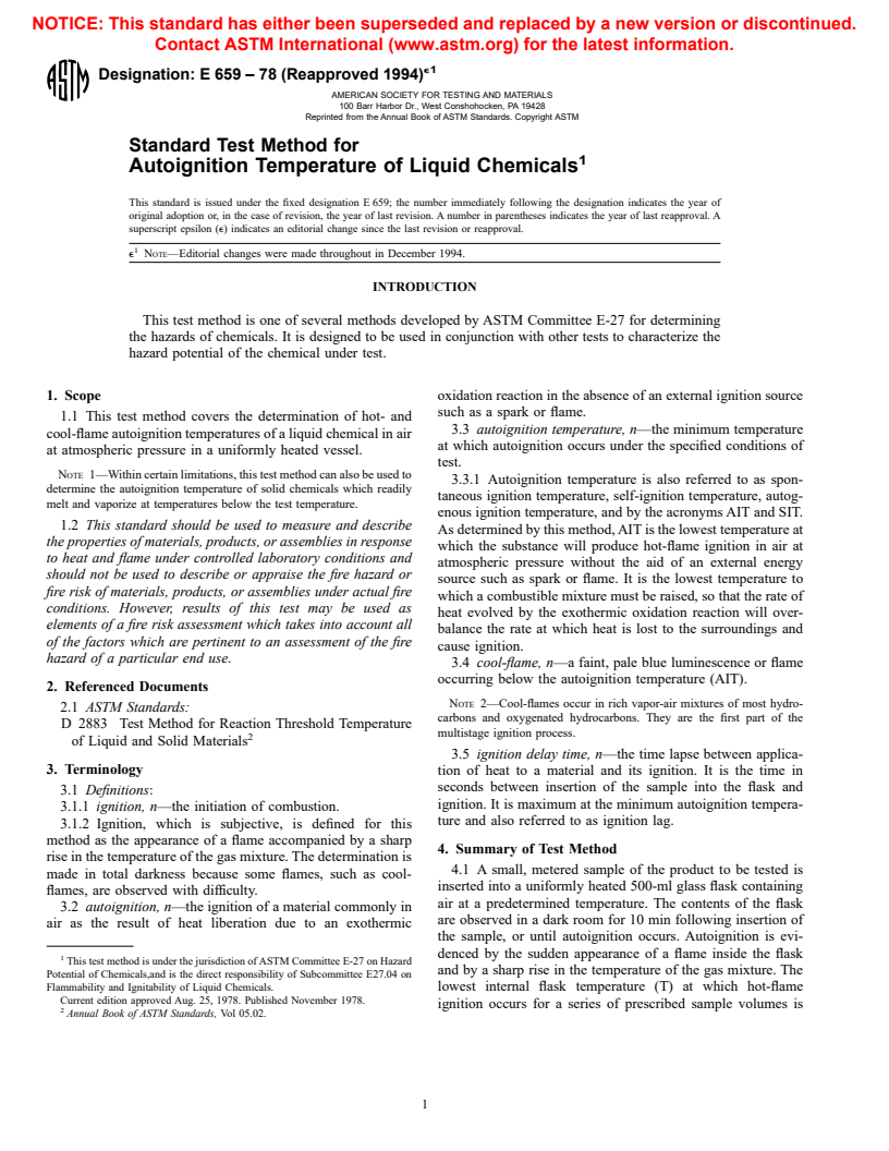 ASTM E659-78(1994)e1 - Standard Test Method for Autoignition Temperature of Liquid Chemicals