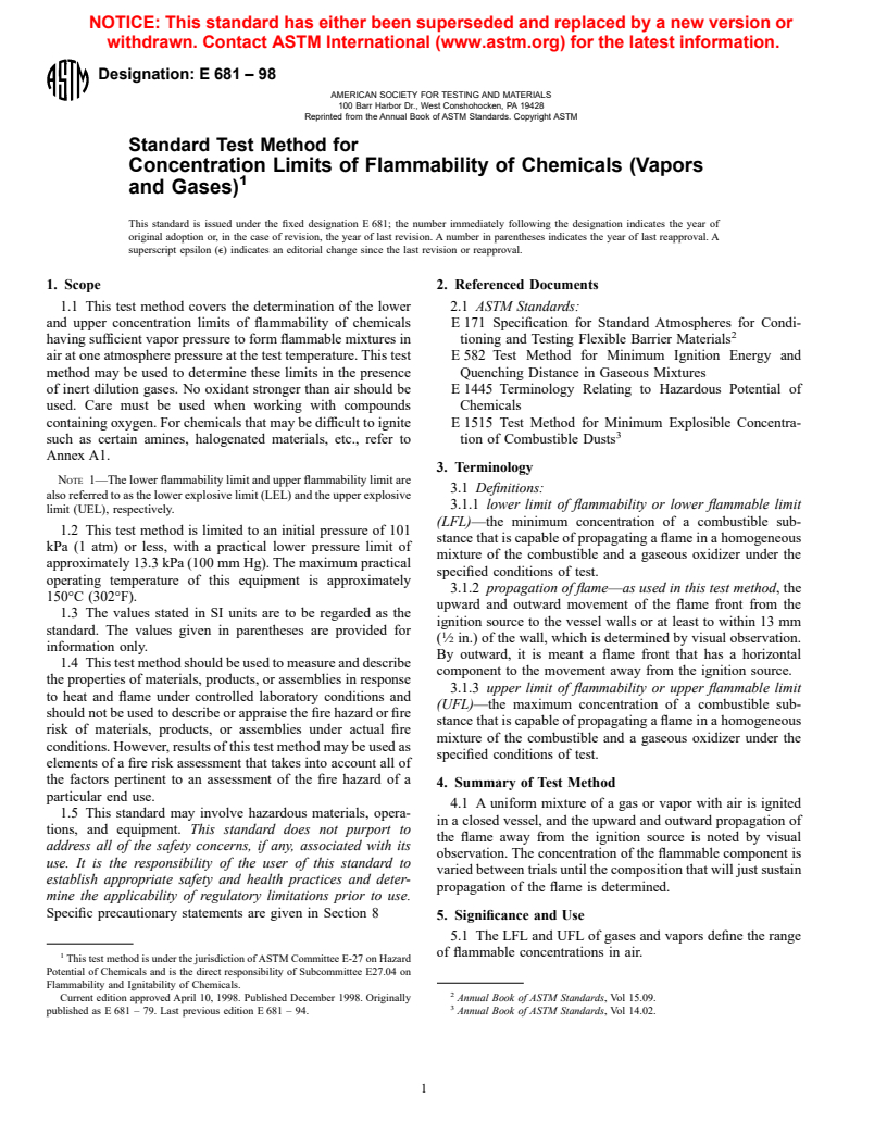 ASTM E681-98 - Standard Test Method for Concentration Limits of Flammability of Chemicals (Vapors and Gases)