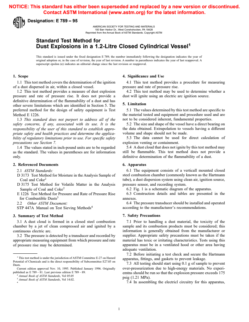 ASTM E789-95 - Standard Test Method for Dust Explosions in a 1.2-Litre Closed Cylindrical Vessel