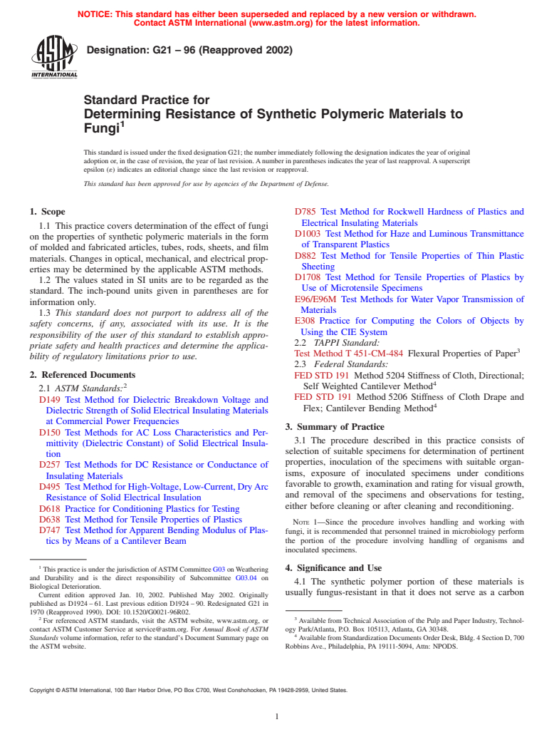 ASTM G21-96(2002) - Standard Practice for Determining Resistance of Synthetic Polymeric Materials to Fungi