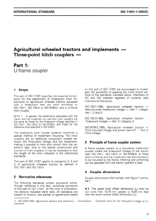 ISO 11001-1:1993 - Agricultural wheeled tractors and implements -- Three-point hitch couplers